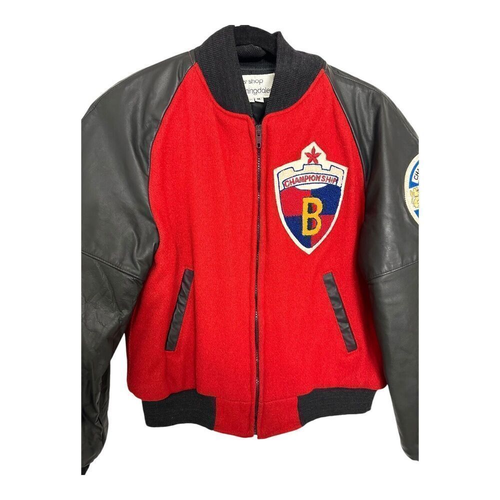 Bloomingdale's Varsity Jacket Boys Medium Red Black Excellent World Staff Patch